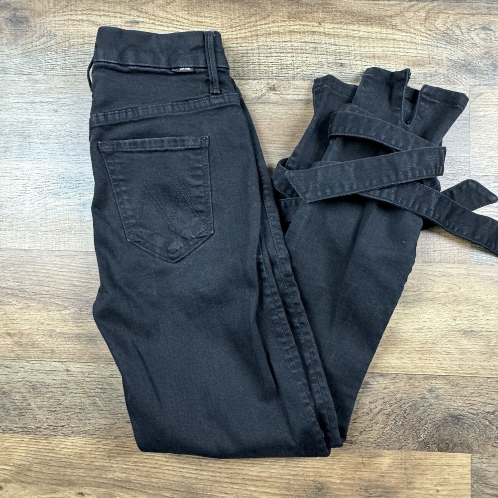 Mother High Waisted Tie Bow Looker Ankle Black Skinny Jeans‎ Not Guilty Wash 25